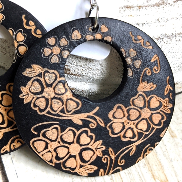 Boho Festival Carved Wood Round Dangle Earrings - Picture 6 of 9